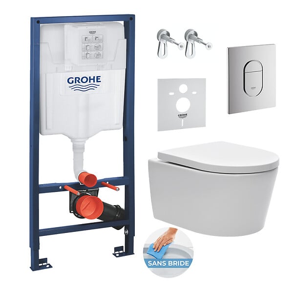 GROHE - Grohe Pack WC bâti support Solido 113cm + Cuvette SAT rimless fixations invisibles + Abattant softclose + Plaque chrome - large