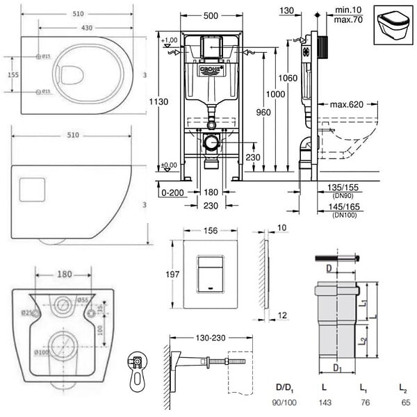 GROHE - Pack WC Bâti-support Rapid SL  + WC sans bride SAT + Abattant SoftClose + Plaque Noir mat (RapidSL-Project-KF0) - large