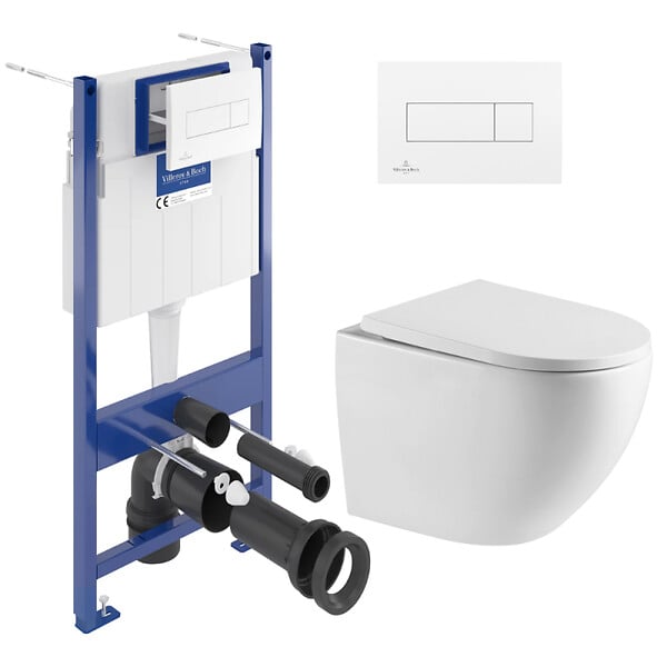 VILLEROY & BOCH - Pack WC Bâti-support Villeroy & Boch + WC sans bride SAT + Plaque de déclenchement double, Blanche (ViConnectFusionTQ-2) - large