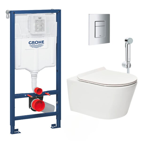 GROHE - Pack WC Bâti-support Rapid SL + WC sans bride Brevis + Abattant softclose + Douchette bidet + Plaque chrome - large
