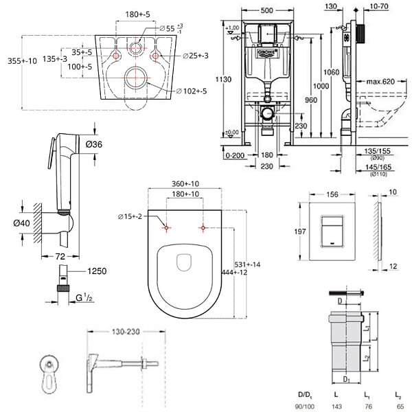 GROHE - Pack WC Bâti-support Rapid SL + WC sans bride Brevis + Abattant softclose + Douchette bidet + Plaque chrome - large