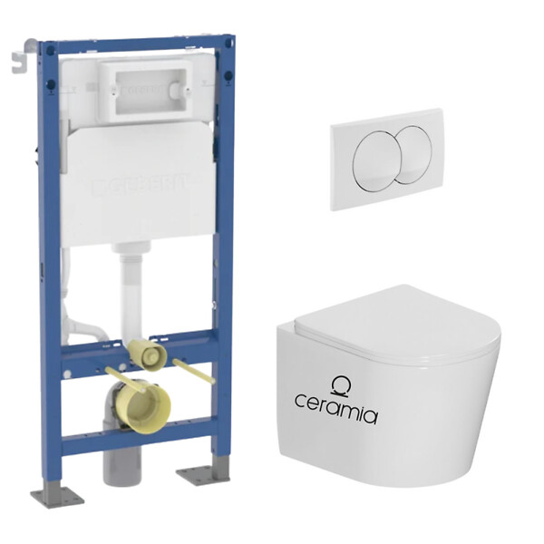 GEBERIT - Pack WC bâti-support autoportant Duofix 112cm + WC suspendu sans bride + abattant SoftClose + plaque blanche (CETORGEBX-SP) - large