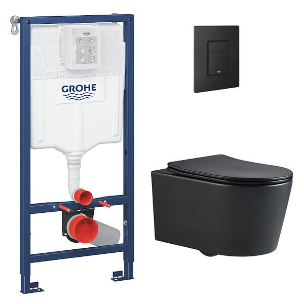 GROHE - Pack WC Bâti-support Rapid SL + WC SAT sans bride noir mat + Abattant softclose + Plaque noire mat (RapidSL-BlackSATrimless-KF0) - large