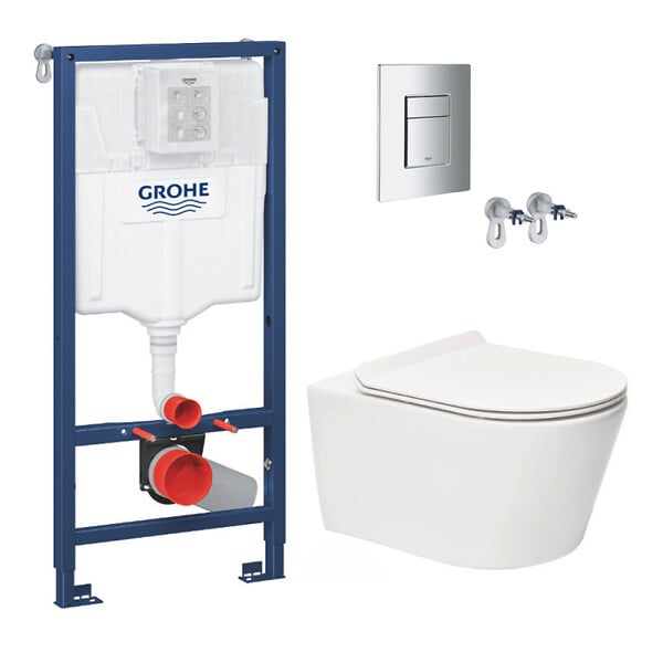 SWISS AQUA TECHNOLOGIES - Pack WC Bâti-support Rapid SL + WC sans bride SAT Brevis + Abattant slim, softclose + Plaque chrome - large