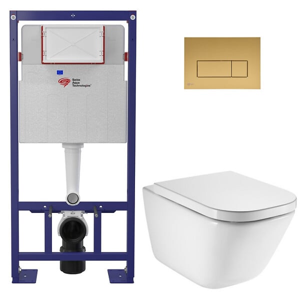 SWISS AQUA TECHNOLOGIES - Pack WC bâti-support autoportant + WC suspendu sans bride avec abattant SoftClose + plaque or mat (STROGAWR08-U) - large