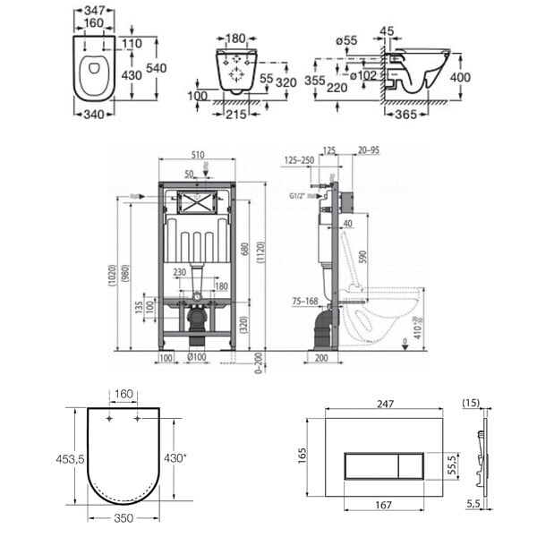 SWISS AQUA TECHNOLOGIES - Pack WC bâti-support autoportant + WC suspendu sans bride avec abattant SoftClose + plaque or mat (STROGAWR08-U) - large