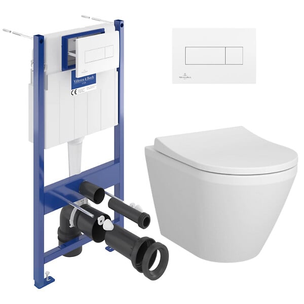 VILLEROY & BOCH - Pack WC Bâti-support Villeroy & Boch+ WC sans bride Vitra, fixations invisibles + Abattant frein de chute + Set habillage - large