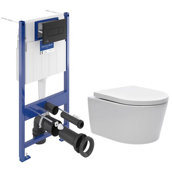 VILLEROY & BOCH - Pack WC Bâti-support sol mur + WC SAT sans bride + Abattant SoftClose + Plaque noire (VCNSAT4) - large