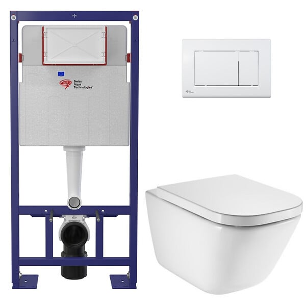 SWISS AQUA TECHNOLOGIES - Pack WC bâti-support autoportant + WC suspendu sans bride avec abattant SoftClose + plaque blanche (STROGAWR01-U) - large