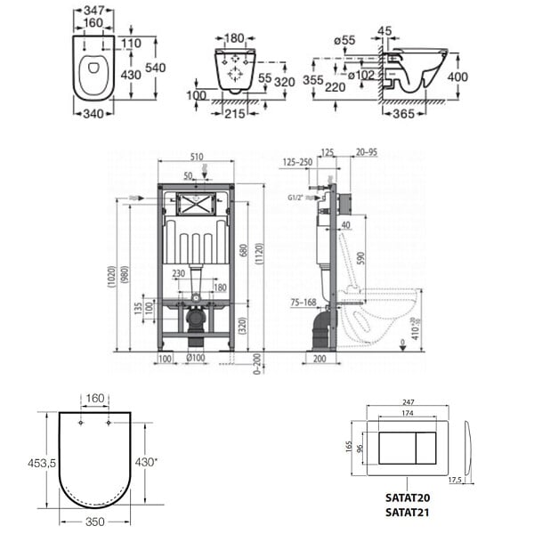 SWISS AQUA TECHNOLOGIES - Pack WC bâti-support autoportant + WC suspendu sans bride avec abattant SoftClose + plaque blanche (STROGAWR01-U) - large