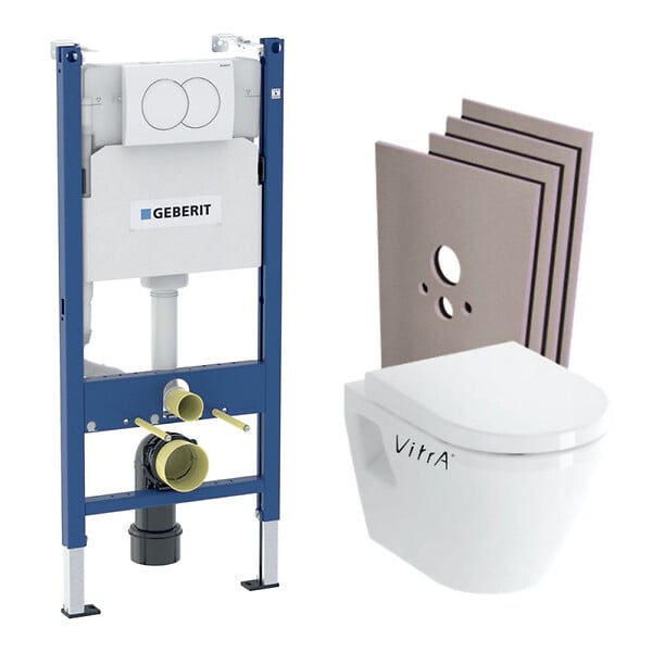 GEBERIT - Pack WC Bati-support Geberit Duofix + WC suspendu  Vitra Integra + Abattant en Duroplast + Plaque blanche + Set d'habillage - large