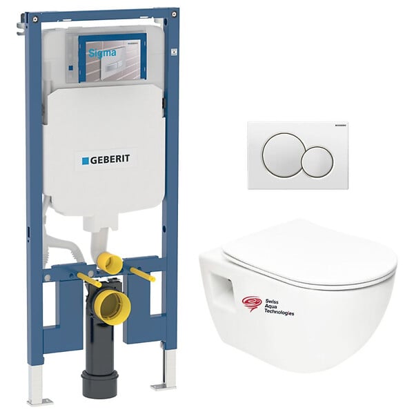 GEBERIT - Pack bati-support Geberit + WC sans bride Swiss Aqua Technologies + Abattant SoftClose + Plaque Blanche (SLIM-Project-B) - large