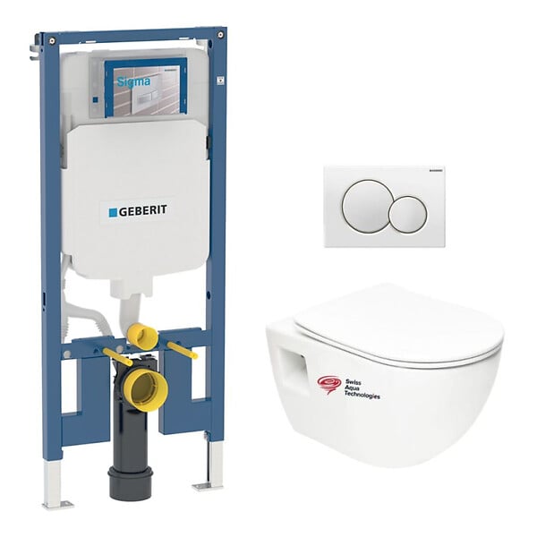 GEBERIT - Pack bati-support Geberit  extra-plat UP720 + WC sans bride SAT + Abattant SoftClose + Plaque Blanche (SLIM-Project-B) - large