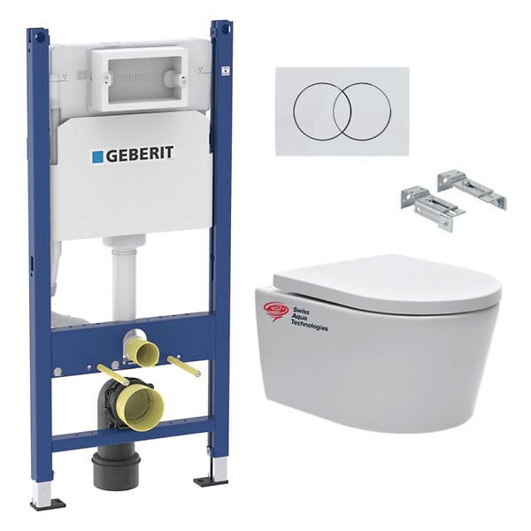 GEBERIT - lot de 4 Packs bati-support Geberit 112cm + Cuvette Swiss Aqua Technologies sans bride + Plaque blanche (SATrimlessGeb3-GVP04) - large