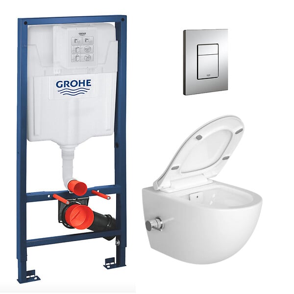 GROHE - Pack WC Bâti-support Rapid SL + WC sans bride avec fonction bidet thermostatique + Plaque chrome - large