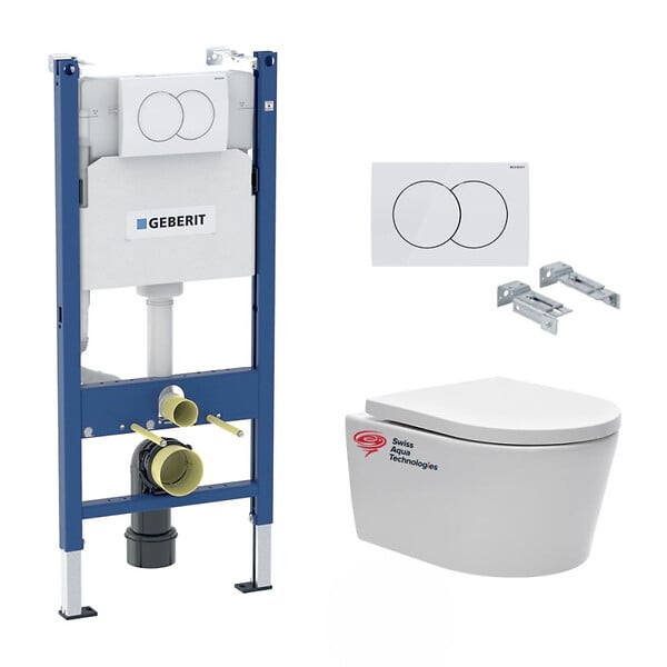 GEBERIT - Pack bati Geberit Duofix 112cm + Plaque blanche Delta20 + Cuvette suspendue sans bride SATRimless et fixations invisibles - large