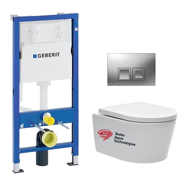 GEBERIT - Pack Bati-support Geberit UP100 + plaque Delta50 chrome mat + cuvette SAT suspendue sans bride et fixations invisibles - large