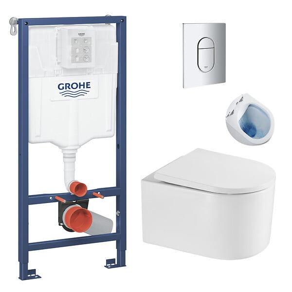 GROHE - Pack WC Bâti-support + WC sans bride SAT Delano + Abattant softclose + Plaque Chrome - large