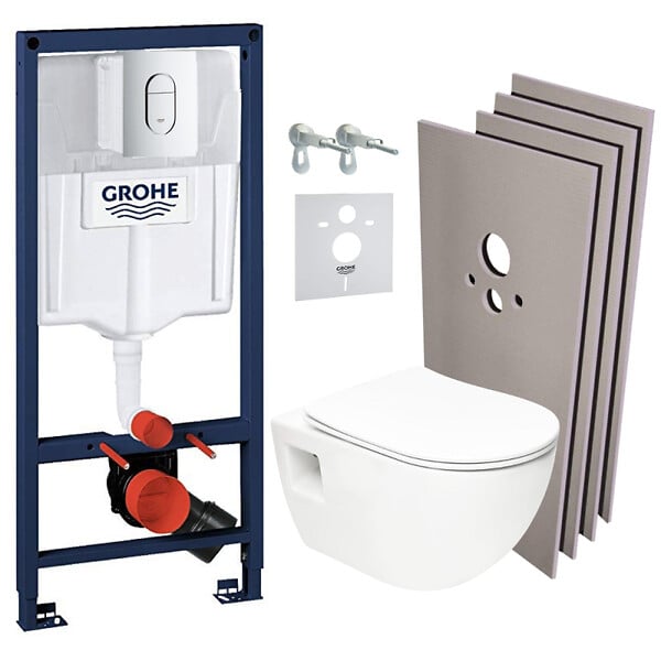 GROHE - Pack WC Bâti-support Rapid SL + WC SAT sans bride + Abattant SoftClose + Plaque chrome + Set d'habillage (ARENAPROJECTSB) - large