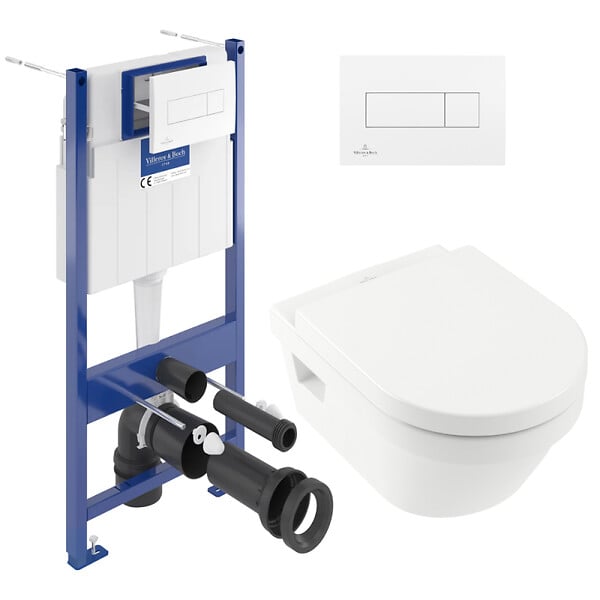 VILLEROY & BOCH - ViConnect Pack Bâti-support Villeroy & Boch + Cuvette sans bride Villeroy + Abattant + Plaque blanche (VICONNECTARCHI4-2) - large