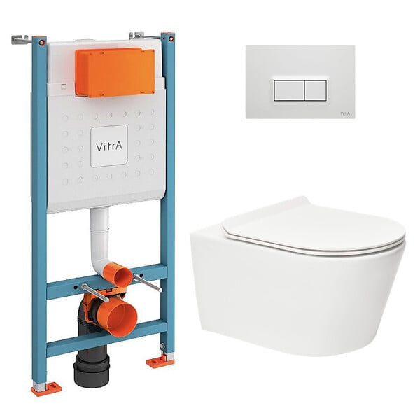 VITRA - Pack WC Bâti-support V-Fix Core + WC sans bride SAT Brevis + Plaque, Blanc brillant (V-FixBrevis-1) - large