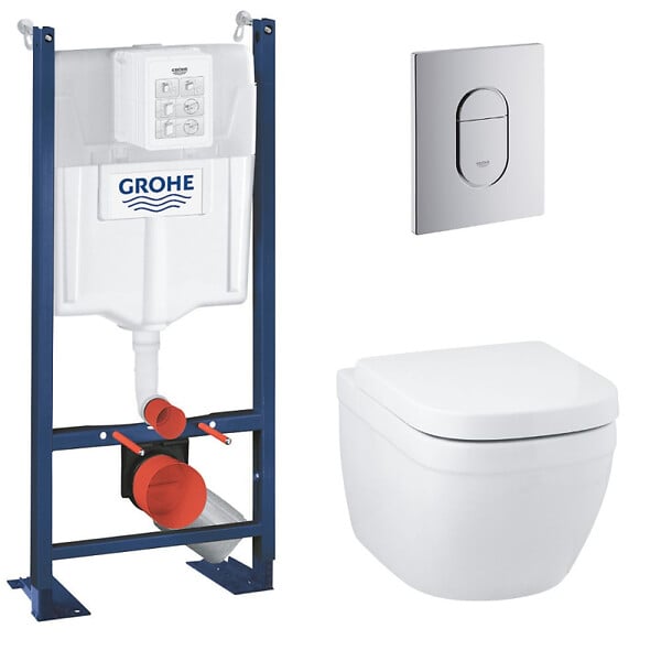 GROHE - Pack WC Bâti support Grohe Rapid SL + Cuvette sans bride Grohe Euro Ceramic, Blanc + plaque de déclenchement: Chrome (39536000) - large