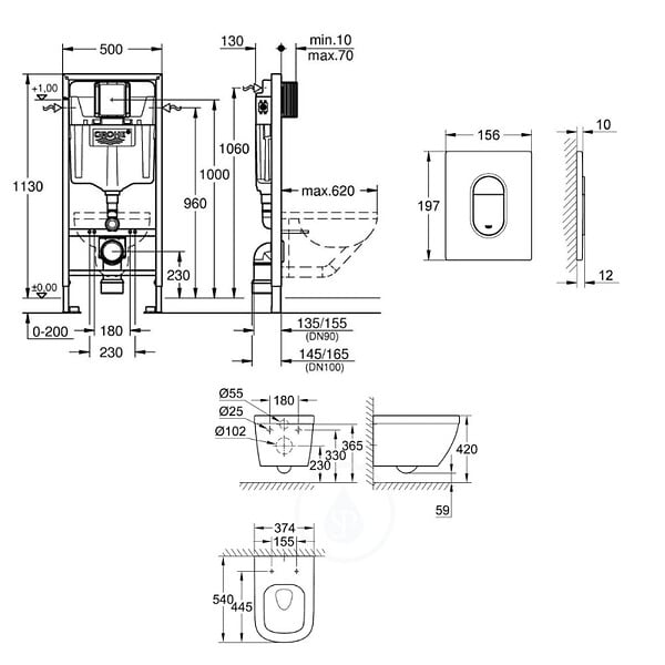 GROHE - Pack WC Bâti support Grohe Rapid SL + Cuvette sans bride Grohe Euro Ceramic, Blanc + plaque de déclenchement: Chrome (39536000) - large