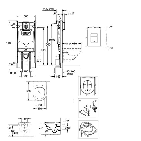 GROHE - RAPID SL Pack Bâti-support + Cuvette sans bride + Abattant  + Plaque chrome (PROJECTARCHI4-1) - large