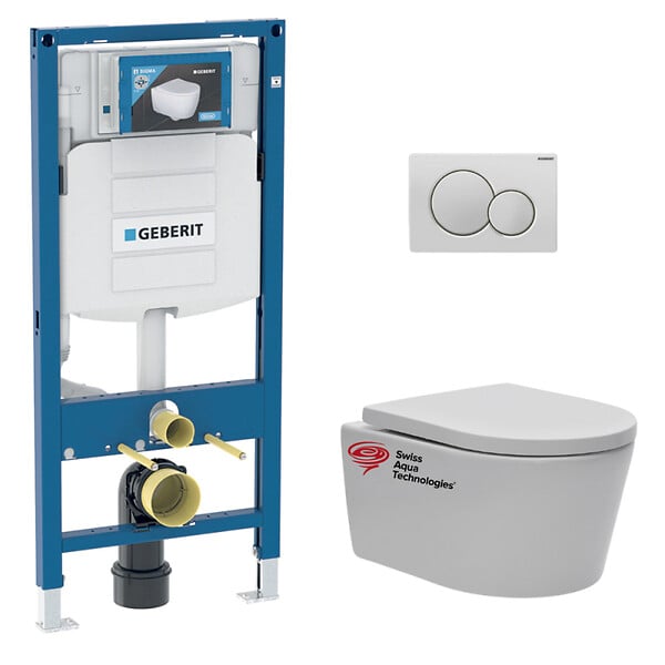 GEBERIT - Pack WC bati-support Geberit + Cuvette Swiss Aqua Technologies + abattant SoftClose + Plaque  (GEBSATRIMLESS-B) - large