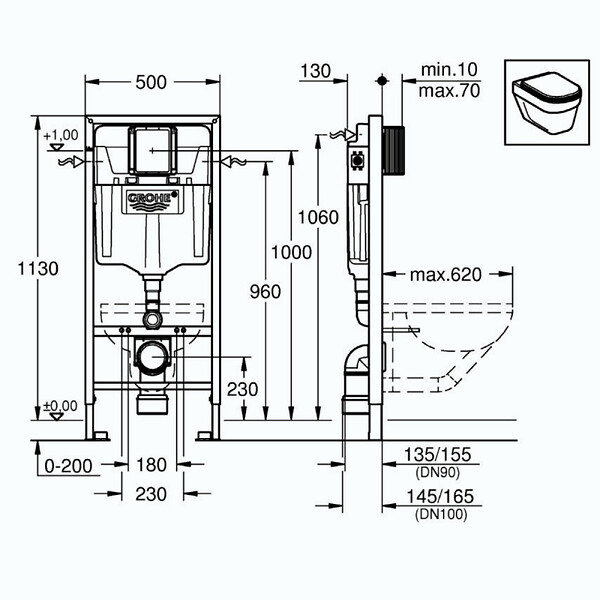 GROHE - Grohe Pack WC Bâti-support Rapid SL + WC sans bride LIVEA Bello + Abattant softclose + Plaque Chrome (RapidSL-Bello-2) - large