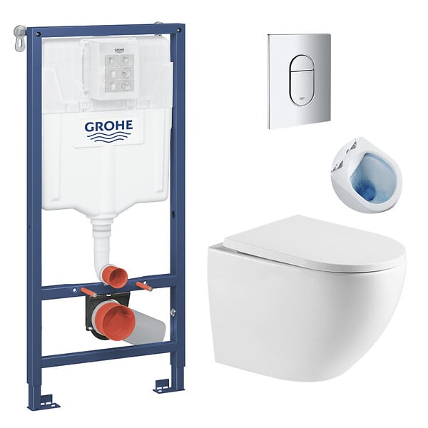 GROHE - Pack WC Bâti-support + WC sans bride SAT Fusion + Abattant softclose + Plaque Chrome - large