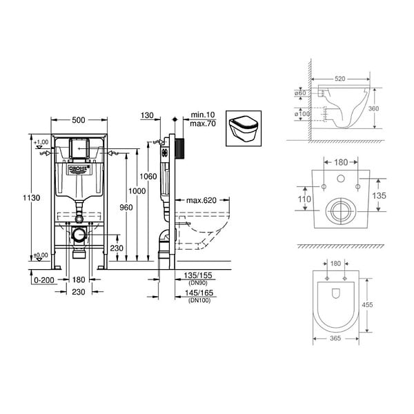 GROHE - Pack WC Bâti-support + WC sans bride SAT Fusion + Abattant softclose + Plaque Chrome - large