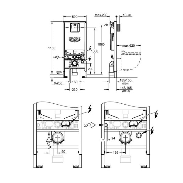 GROHE - Grohe Pack WC Bâti-support Rapid SLX + WC lavant suspendu Sensia Alpine + Fixations murales + Set d'isolation phonique (G36509SH0) - large