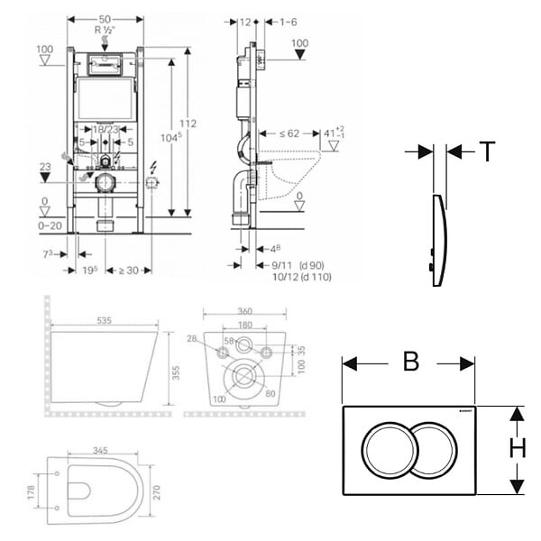 GEBERIT - Pack WC bâti-support Duofix 112cm + WC sans bride Ceramia + abattant SoftClose + plaque blanche (CETORGEB3-DE) - large