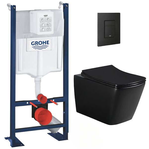 GROHE - Grohe Pack WC Bâti-support Rapid SL + WC sans bride Infinitio Design, Noir mat + Abattant softclose + Plaque Noire mat - large