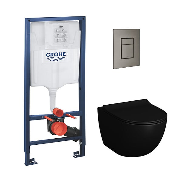 GROHE - Grohe Pack Bati-support Grohe Rapid SL + plaque hard graphite brossé + WC suspendu SENTO +abattant noir mat (GROHE-sentonoir2) - large
