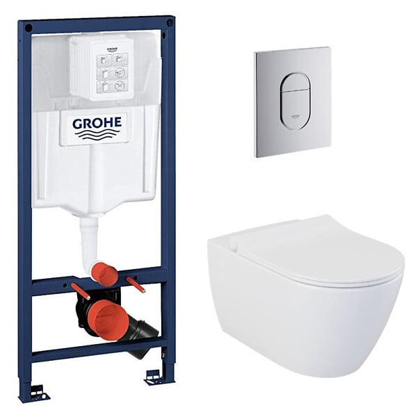 GROHE - Pack Bâti-support Rapid SL + WC sans bride Bello + Abattant slim, softclose + Plaque Chrome - large