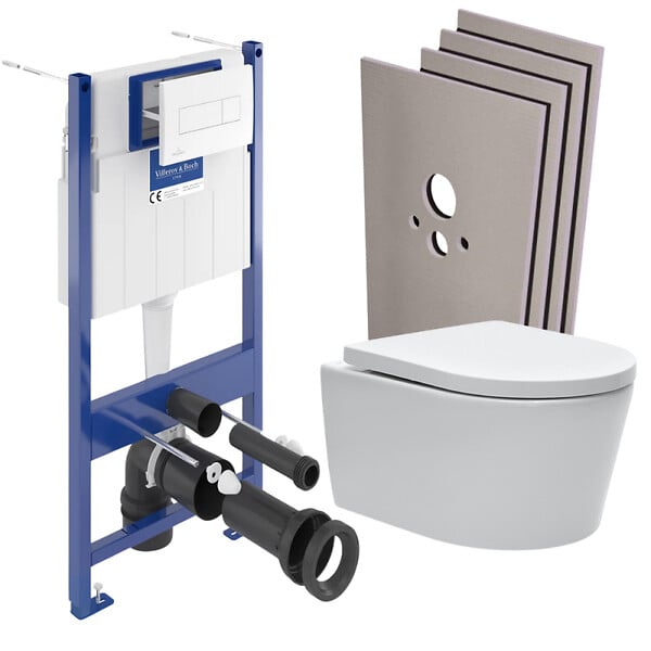 VILLEROY & BOCH - Pack WC bâti-support Villeroy & Boch + WC SAT sans bride + Abattant softclose + Plaque blanche + Set d'habillage - large
