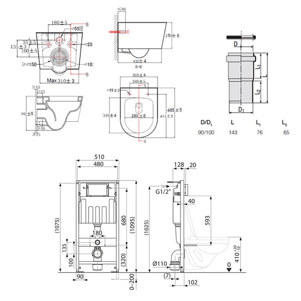 VILLEROY & BOCH - Pack WC bâti-support Villeroy & Boch + WC SAT sans bride + Abattant softclose + Plaque blanche + Set d'habillage - large