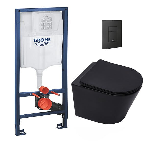 GROHE - Grohe Pack WC Bâti-support Rapid SL + WC Infinitio sans bride noir mat + Abattant softclose + Plaque noire mat - large