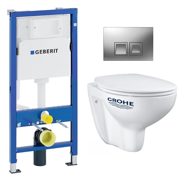 GEBERIT - pack Bati-support Geberit UP100 + plaque Delta50 + cuvette Grohe  Bau Ceramic sans bride + abattant softclose (BauGeb2) - large