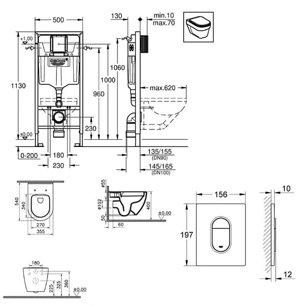GROHE - Pack Rapid sl+ plaque arena chrome+ Fixations murales + set d'isolation phonique + cuvette suspendue (ArenaS60) - large