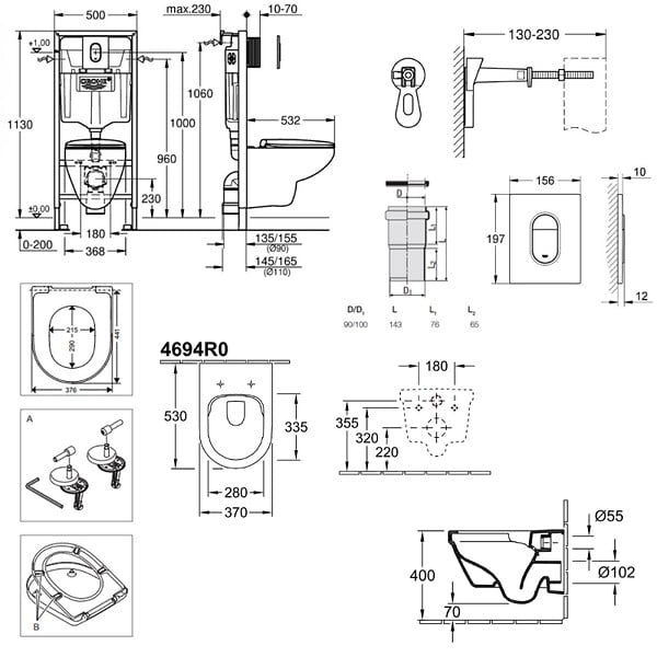 GROHE - Pack WC Bâti-support Rapid SL + WC sans bride Architectura, fixations invisibles + Abattant + Plaque chrome (ARENAARCHI3) - large
