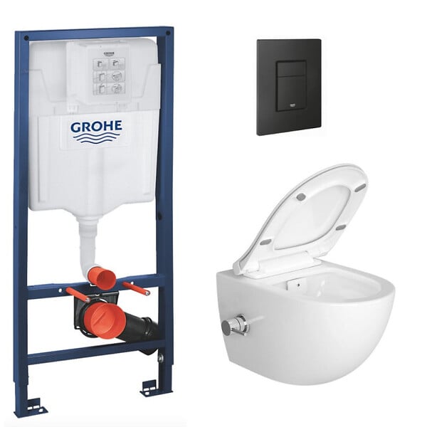 GROHE - Pack Bati-support Project + WC sans bride avec fonction bidet thermostatique + Plaque Noir mat (RapidSL-SATClean-KF0) - large