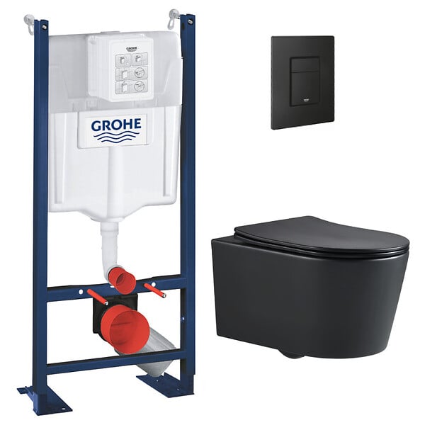 GROHE - Grohe Pack WC Bâti-support Rapid SL + WC SAT sans bride noir mat + Abattant softclose + Plaque noire mat - large