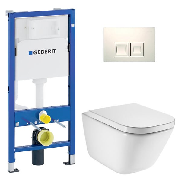 GEBERIT - Duofix pack WC bâti-support UP100 + WC suspendu sans bride Roca avec abattant SoftClose + plaque blanche (GEBROGAWR03-FR) - large