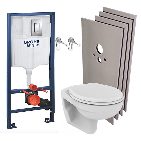 GROHE - Grohe Pack WC bâti-support Rapid SL + WC Porcher sans bride + Abattant + Plaque + Set d'habillage  (RapidSL-PorcherRimless-sabo) - large