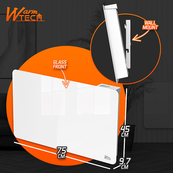 WARM TECH - Radiateur inertie céramique avec façade en verre 1500 W - IP24 - NF - Fil pilote 6 ordres - large