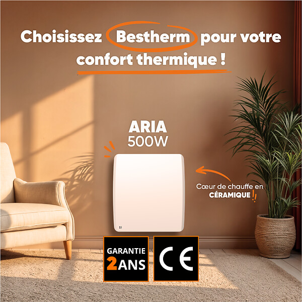 BESTHERM - Radiateur électrique fixe à inertie sèche céramique - Bestherm - ARIA 500W  - horizontal blanc - large
