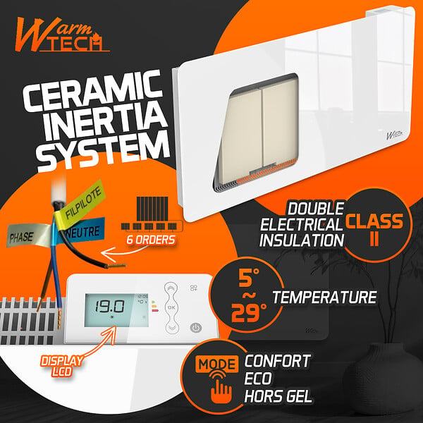 WARM TECH - Radiateur inertie céramique avec façade en verre 2000 W - IP24 - NF - Fil pilote 6 ordres. - large